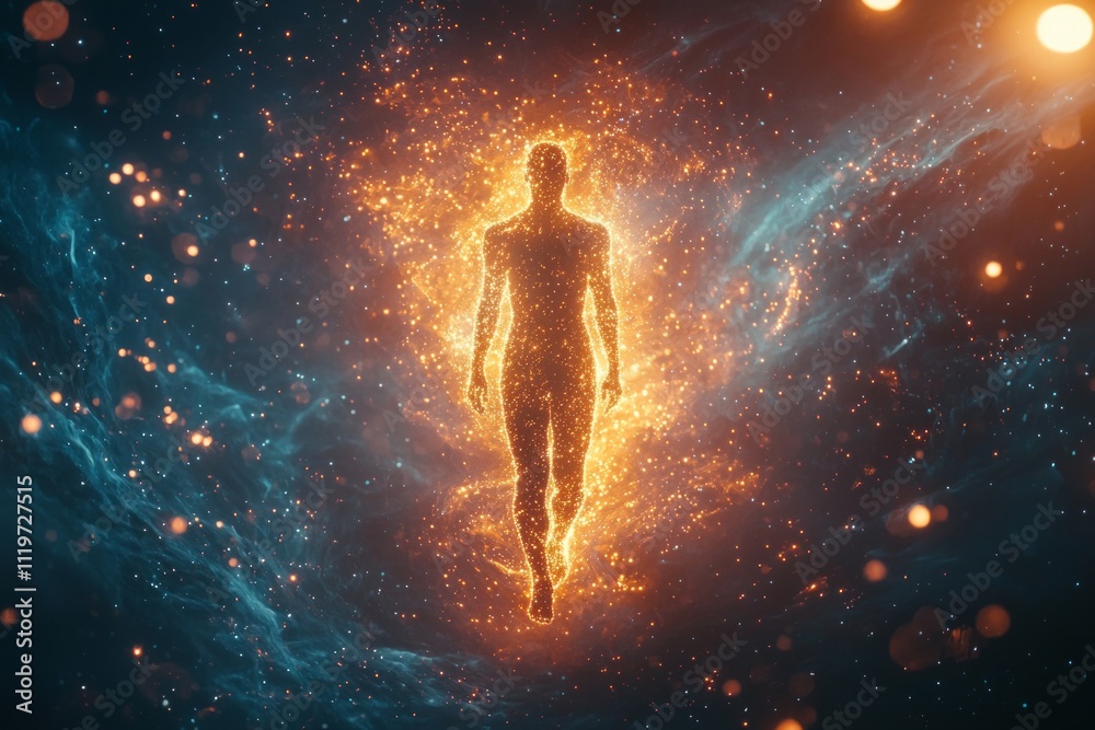 A figure stands in the center of an abstract cosmic background, radiating light and energy around the person A figure stands in the center of an abstract cosmic background, radiating light and energy around the person