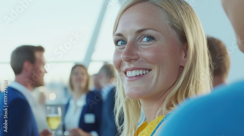 Smiling Woman at Networking Event Enjoying Conversation and Celebration