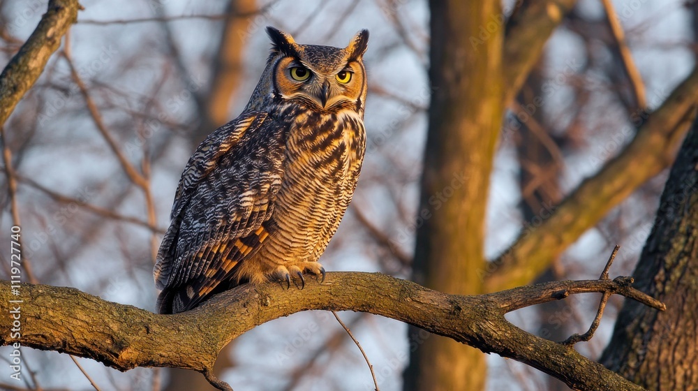 A Great Horned Owl perched on a branch in a forest with soft light shining through the trees behind it.
