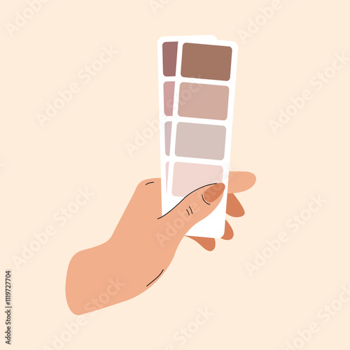 Color palette choice. Hand holds palette with the trending color of 2025. Color of chocolate mousse and mocha. Cards with brown colors for fashion shows, demonstration of trends in clothing.