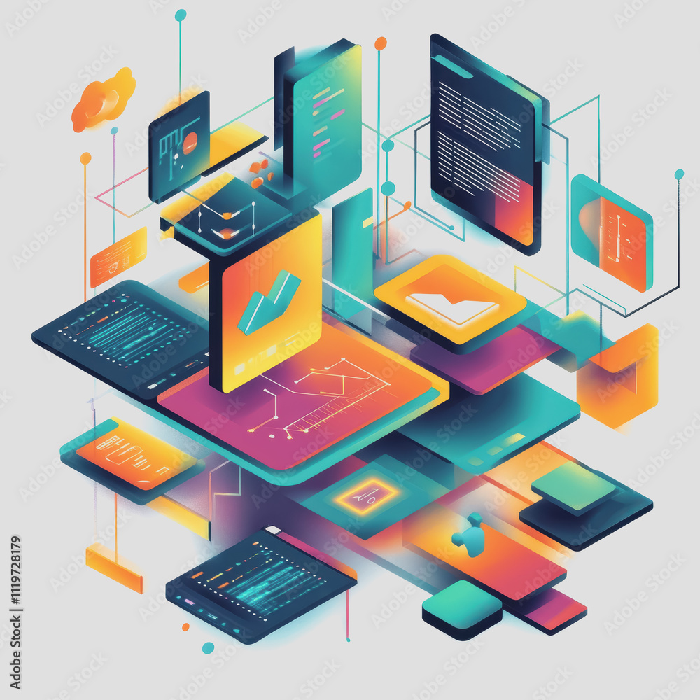 Abstract Digital Composition Featuring Vibrant Geometric Shapes and Technology Elements with 3D Perspectives and Vivid Colors for Modern Designs Abstract Digital Composition Featuring Vibrant Geometric Shapes and Technology Elements with 3D Perspectives and Vivid Colors for Modern Designs