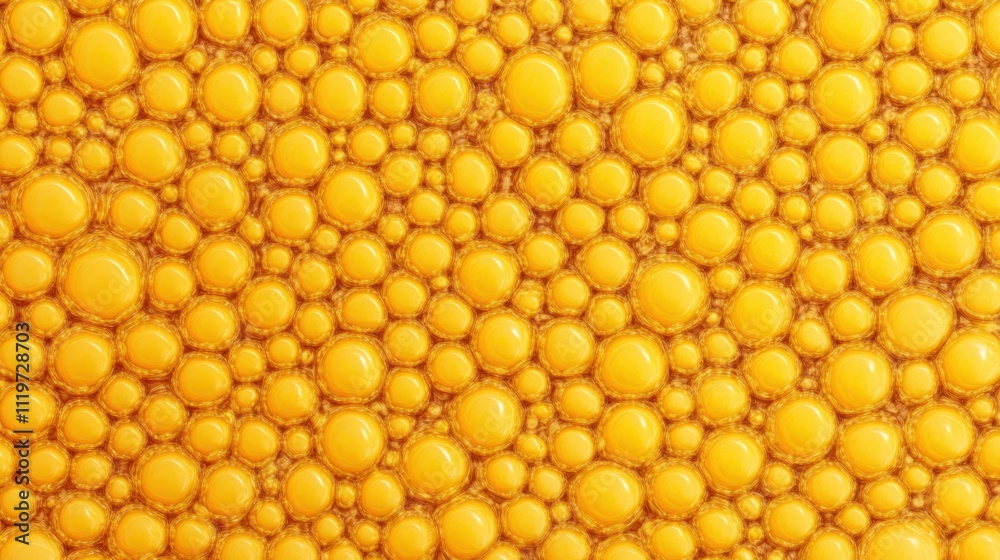 Close-Up View of Yellow Bubbles on a Smooth Surface with Soft Light Effects Close-Up View of Yellow Bubbles on a Smooth Surface with Soft Light Effects