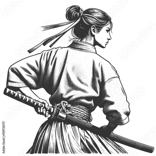 female martial artist in a dynamic pose, wearing a gi and wielding a katana with athletic precision sketch engraving generative ai vector illustration. Scratch board imitation. Black and white image.