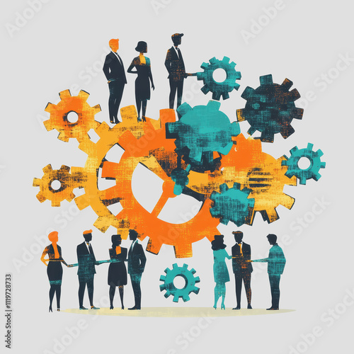 Diverse Business Team Collaborating on Gear Mechanism for Innovative Solutions in Modern Workplace Dynamics and Strategic Planning 199 Characters photo