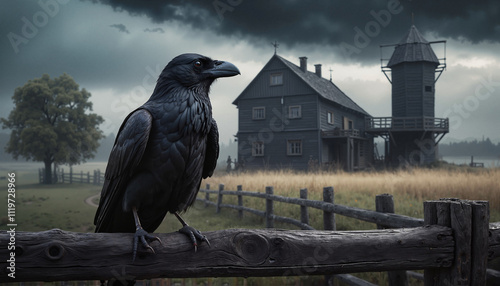 A black raven perched on a wooden fence with a dark farmhouse and stormy sky background