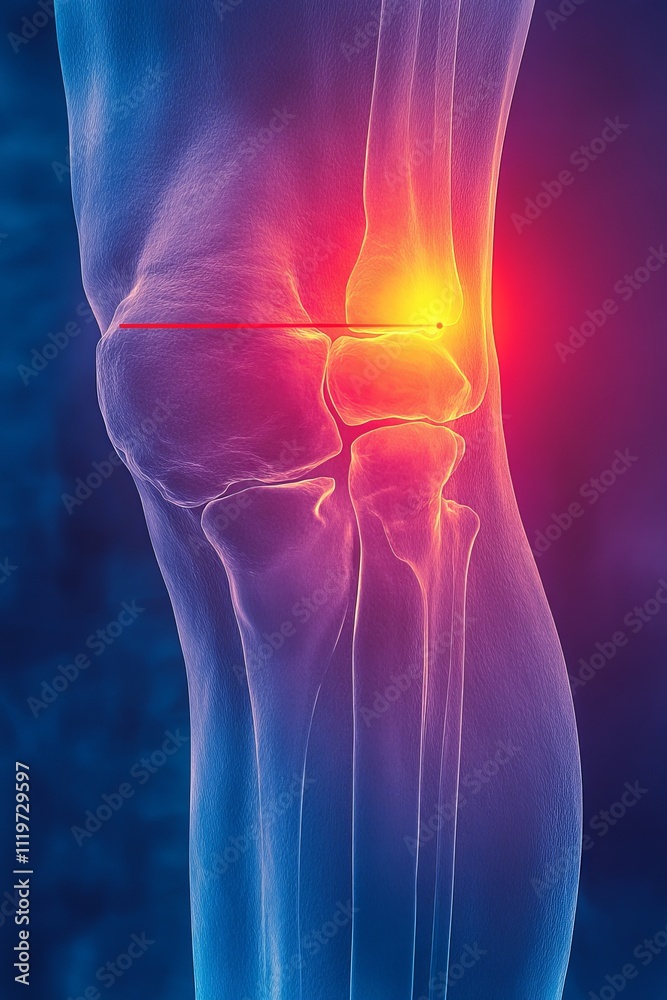 Blue X-ray Image of A Human Knee with Red Spot Showing Painful Area, Healthcare and Medical Concept Blue X-ray Image of A Human Knee with Red Spot Showing Painful Area, Healthcare and Medical Concept