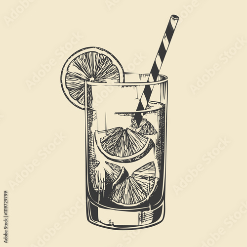 Mojito Cocktail Hand Drawn. Summer Cocktail Drink Vector Illustration.