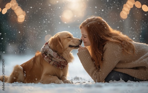 Heartwarming Moment: A Golden Retriever and His Best Friend Share Joy in the Snowy Winter Wonderland Filled with Love and Laughter Christmas is coming! photo