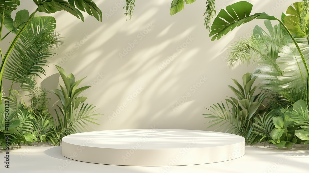 Product podium with leaves background: natural and elegant display design. Product podium with leaves background: natural and elegant display design.
