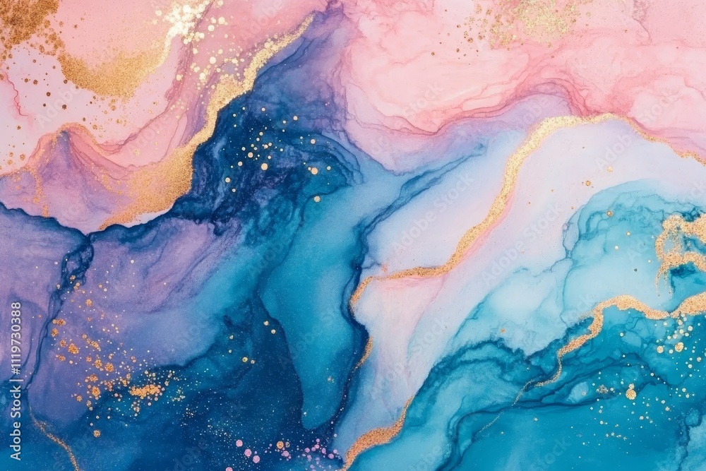 Fototapeta premium Vibrant Abstract Fluid Art with Pink, Blue, and Gold Tones in Swirling Patterns, Ideal for Backgrounds, Prints, and Creative Projects