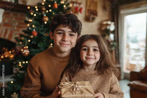 American Brother and Sister Celebrate Christmas TogetherFictional Character Created By Generative AI. 