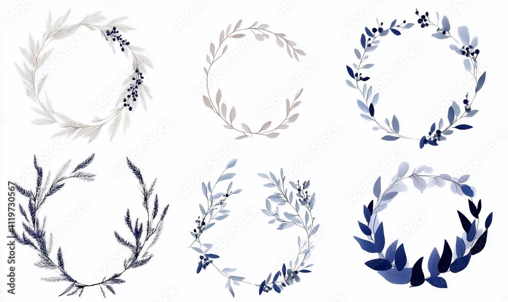 Six elegant wreaths in shades of blue and gray. Six elegant wreaths in shades of blue and gray.