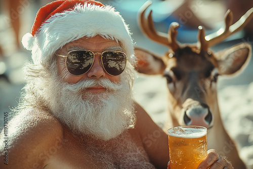 Image of funny santa clause celebrating Christmas in the tropics ai generative photo