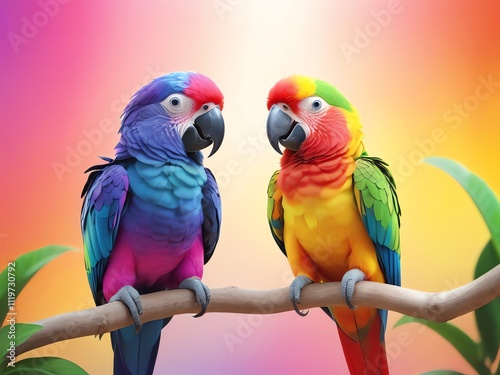 Vibrant Macaws on Tropical Branch: A Colorful Avian Paradise photo