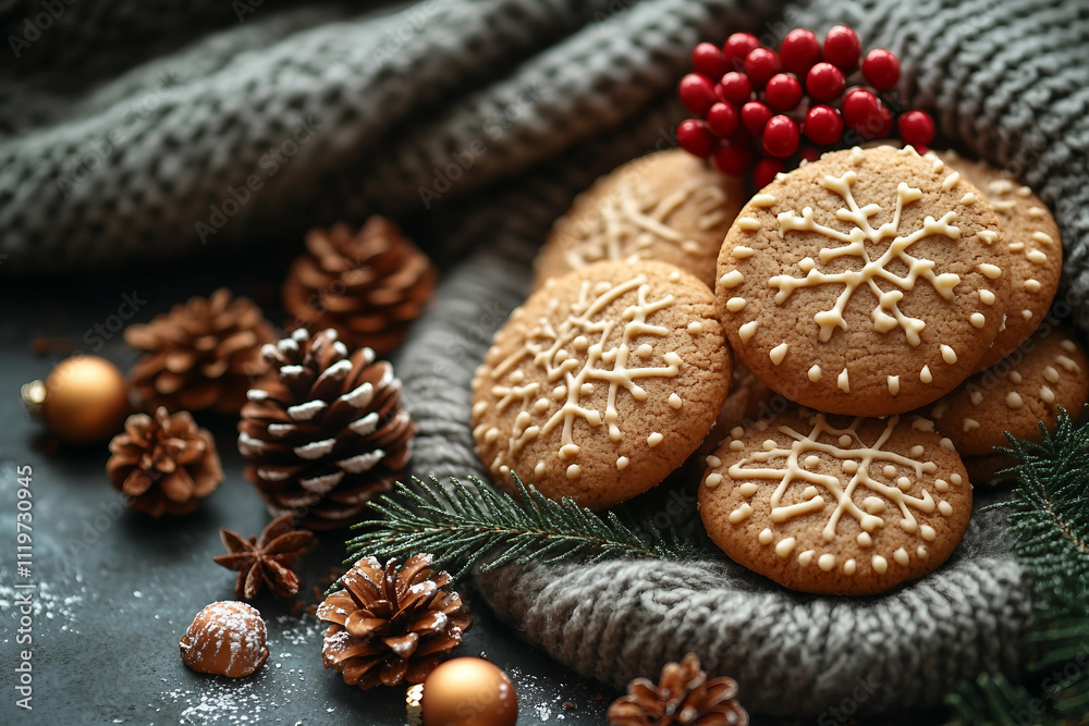 Generative AI image of festive Christmas cookies with holiday decorations and pinecones Generative AI image of festive Christmas cookies with holiday decorations and pinecones