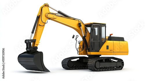 A vibrant yellow excavator showcasing its powerful arm and bucket, perfect for construction and excavation tasks. photo