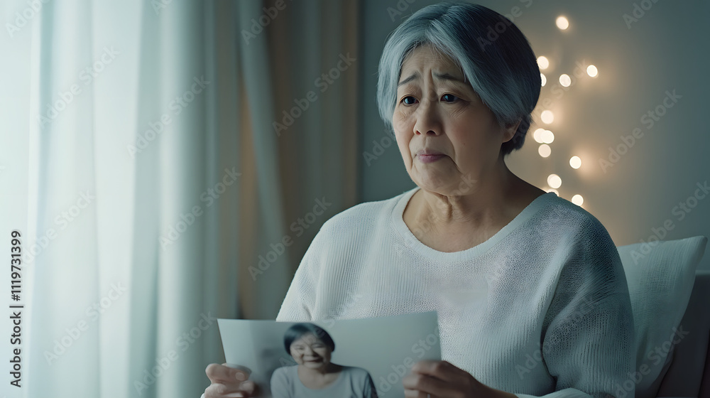 Senior woman sitting alone in quiet room, holding photo of younger self, looking confused. Emotional impact of dementia symptoms. Senior woman sitting alone in quiet room, holding photo of younger self, looking confused. Emotional impact of dementia symptoms.