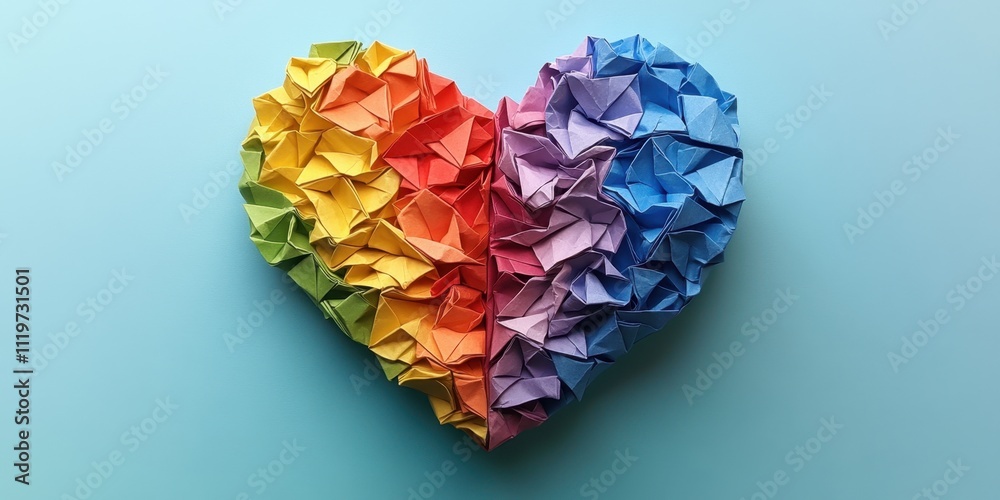 Fototapeta premium Colorful origami heart showcasing vibrant hues symbolizes love and creativity through paper art