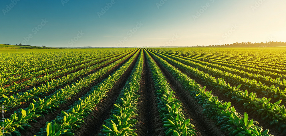 Fototapeta premium Lush green field of crops under a clear blue sky, showcasing agricultural beauty.