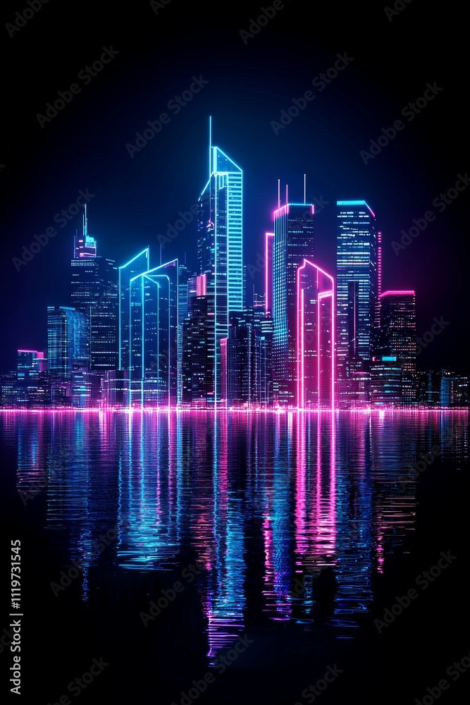 A futuristic city skyline at night with neon lights glowing in vibrant blue and pink hues, reflecting on the water's surface. A futuristic city skyline at night with neon lights glowing in vibrant blue and pink hues, reflecting on the water's surface.