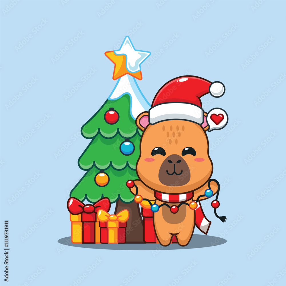 Cute capybara with christmas lamp. Cartoon vector illustration in Christmas day. Cute capybara with christmas lamp. Cartoon vector illustration in Christmas day.