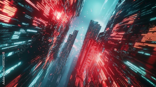 Futuristic figital city, cyber crime concept background illustration. Motion blurriness.