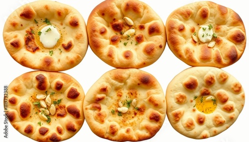 A steaming assortment of pakistani naan breads, freshly baked and slathered with rich garlic butter, arranged artfully in a circular pattern on a pristine white or transparent background, inviting the