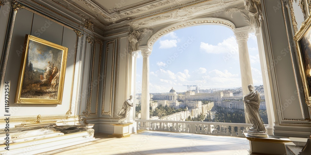 Fototapeta premium A grand interior with classical architecture and a scenic view of a city.