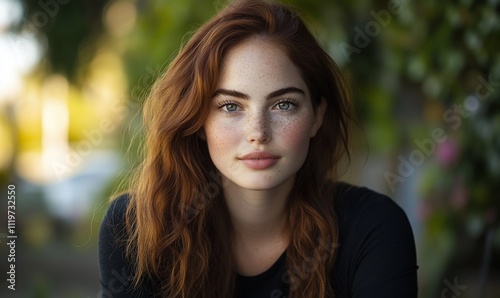 Close-up portrait of a young woman with red hair and freckles.