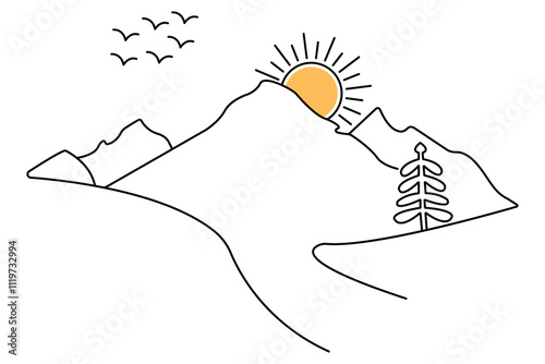 Mountain continuous one line art drawing with outline vector illustration