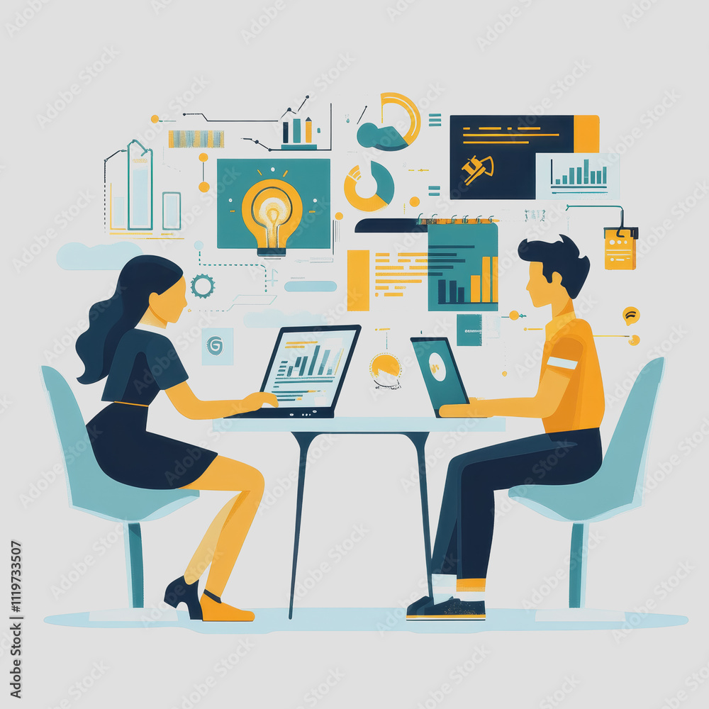 Two colleagues collaborating on a project with digital data visualizations and analytics tools in a modern office environment Two colleagues collaborating on a project with digital data visualizations and analytics tools in a modern office environment