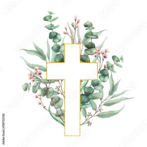 Gold framed cross with Eucalyptus plant green branches and small pink flowers, buds twig. Christian Religion. Watercolor hand drawn illustration for Baptism, Easter card. Isolated from background 