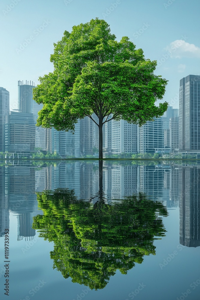 Fototapeta premium An isolated green tree on calm water, with city buildings in the background, symbolizing sustainable and eco-friendly urban development.