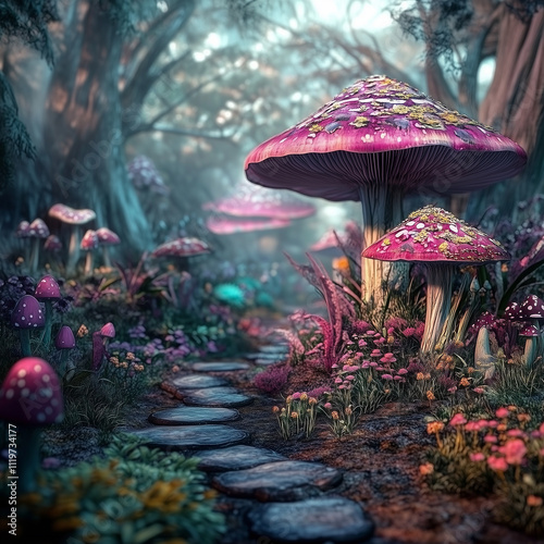 Fantastic wonderland forest landscape  with mushrooms and flower