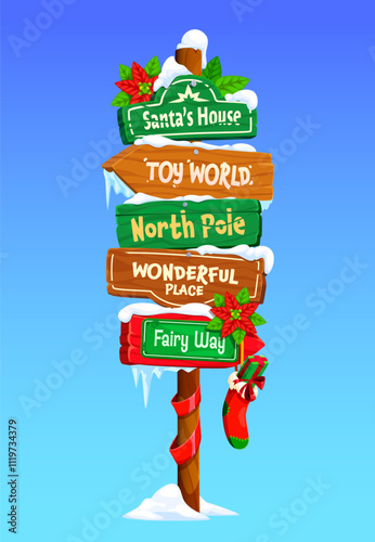 Xmas north pole signage, Christmas wooden sign board featuring holiday destinations Santa house, wonderful place, fairy way and toy world. Festive signpost adorned with red bow, sock, holly and snow