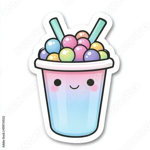 Cute cartoon sticker of a boba drink with colorful tapioca balls and pastel gradient cup.