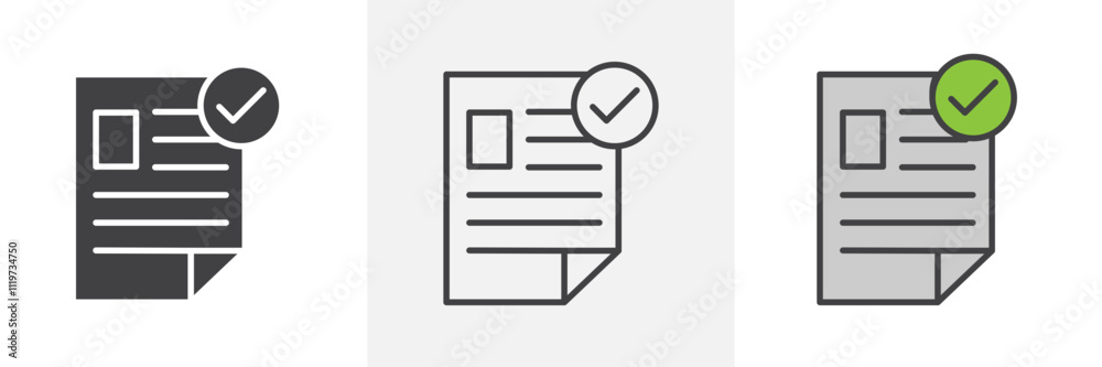 Approved document icon collection in black and colored style. Approved document icon collection in black and colored style.