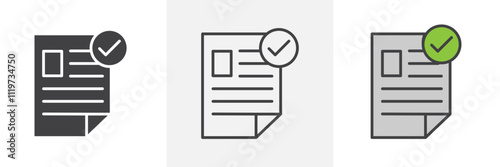 Approved document icon collection in black and colored style.