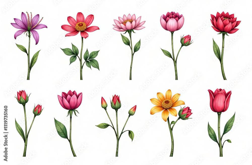 Set of different buds of different flowers without stems, only heads on a white background Set of different buds of different flowers without stems, only heads on a white background