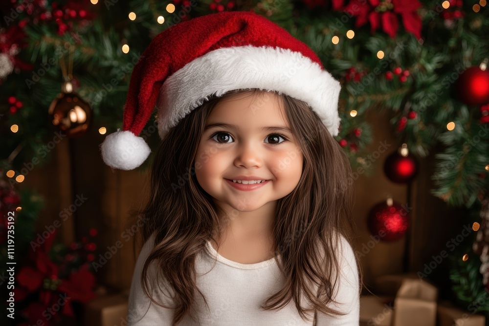 Cute Girl in Santa Hat Smiling at Camera for Merry Christmas Photo.Fictional Character Created By Generative AI. Cute Girl in Santa Hat Smiling at Camera for Merry Christmas Photo.Fictional Character Created By Generative AI.