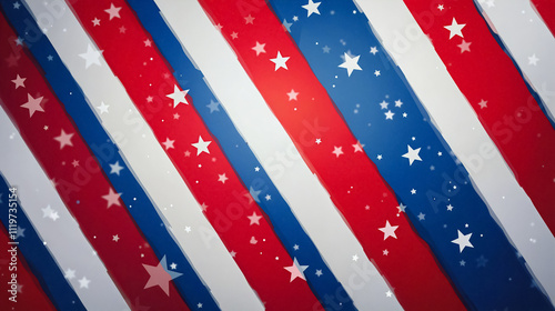 Patriotic Starburst Design - Red, White, & Blue Stripes, A dynamic and vibrant graphic featuring diagonal red, white, and blue stripes adorned with numerous white stars.