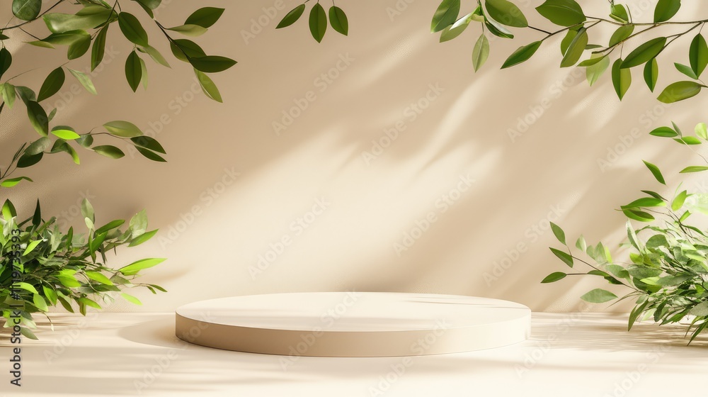Product podium with leaves background: natural and elegant display design. Product podium with leaves background: natural and elegant display design.