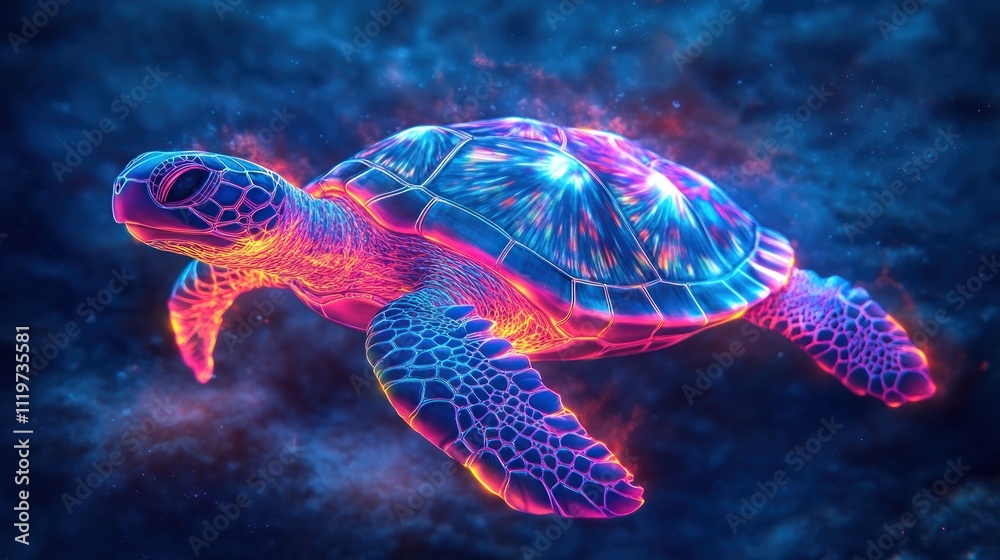 Fototapeta premium A vibrant, neon sea turtle with glowing shell against a blue and purple galaxy-like backdrop.