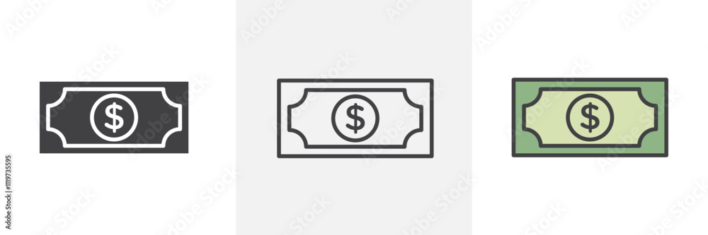 Cash icon collection in black and colored style. Cash icon collection in black and colored style.