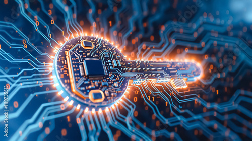 Digital Key Circuitry - Electronic Innovation, A vibrant digital illustration depicting a key-shaped object embedded within a complex circuit board network.