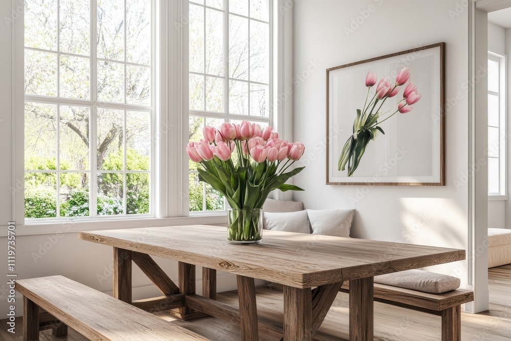 Fototapeta premium Bright airy dining room large windows natural light white walls wooden rustic dining table