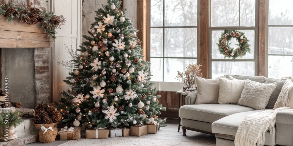 Naklejka premium Festive winter living room with a beautifully decorated Christmas tree and cozy seating arrangement