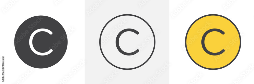 Copyright icon collection in black and colored style. Copyright icon collection in black and colored style.
