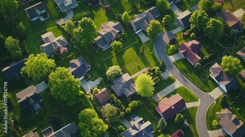 Aerial view of suburban houses, lush green lawns, and curving streets at sunset.