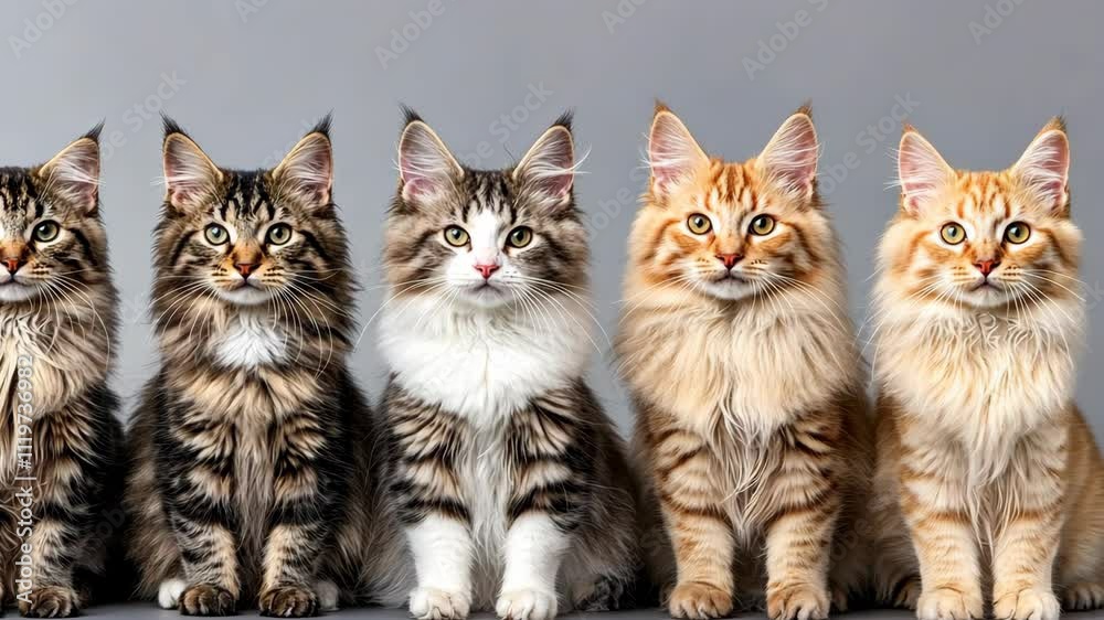 Five adorable cats sit side by side, showcasing their unique fur patterns and colors in a studio setting Five adorable cats sit side by side, showcasing their unique fur patterns and colors in a studio setting